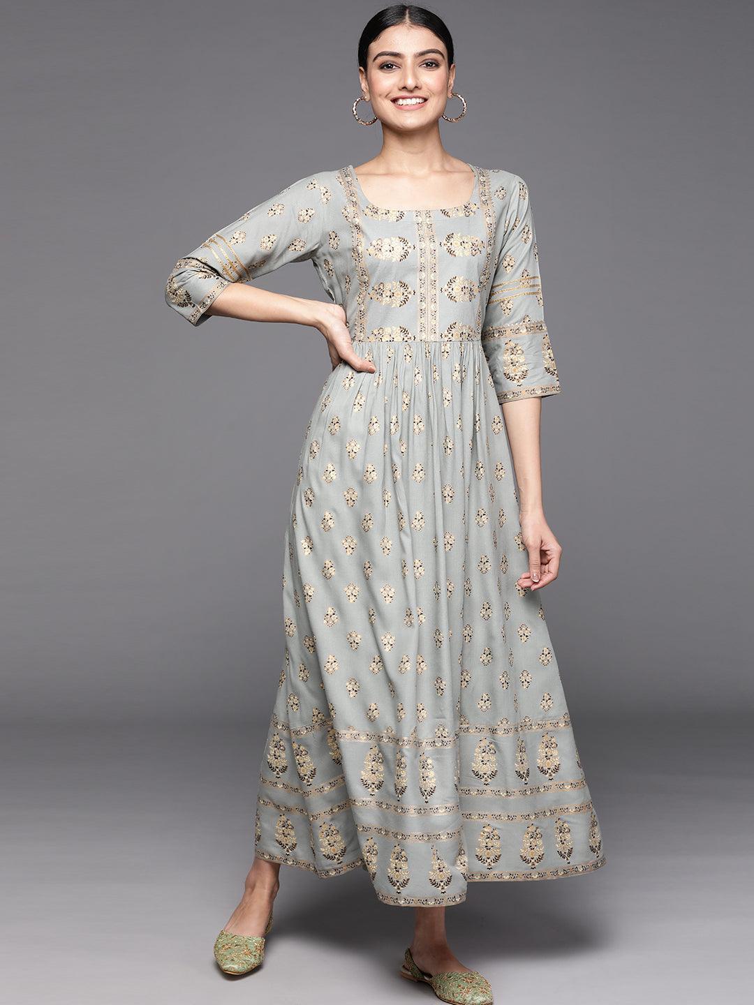 Grey Printed Viscose Rayon Dress - ShopLibas