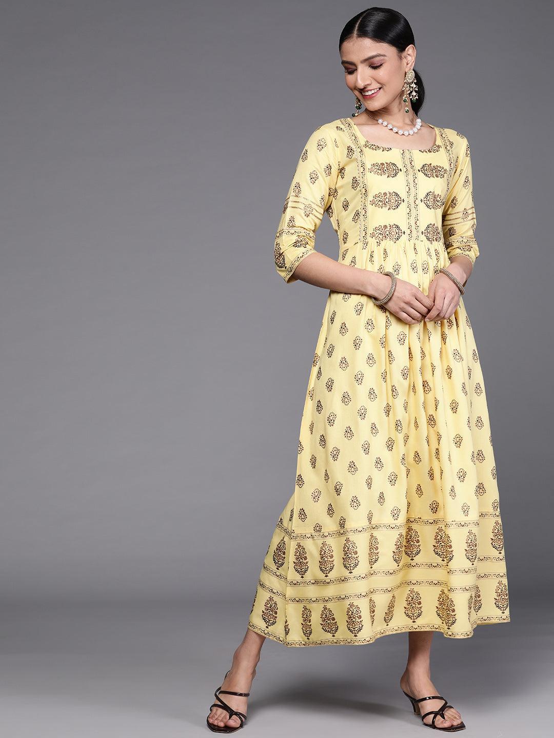 Yellow Printed Viscose Rayon Dress - ShopLibas