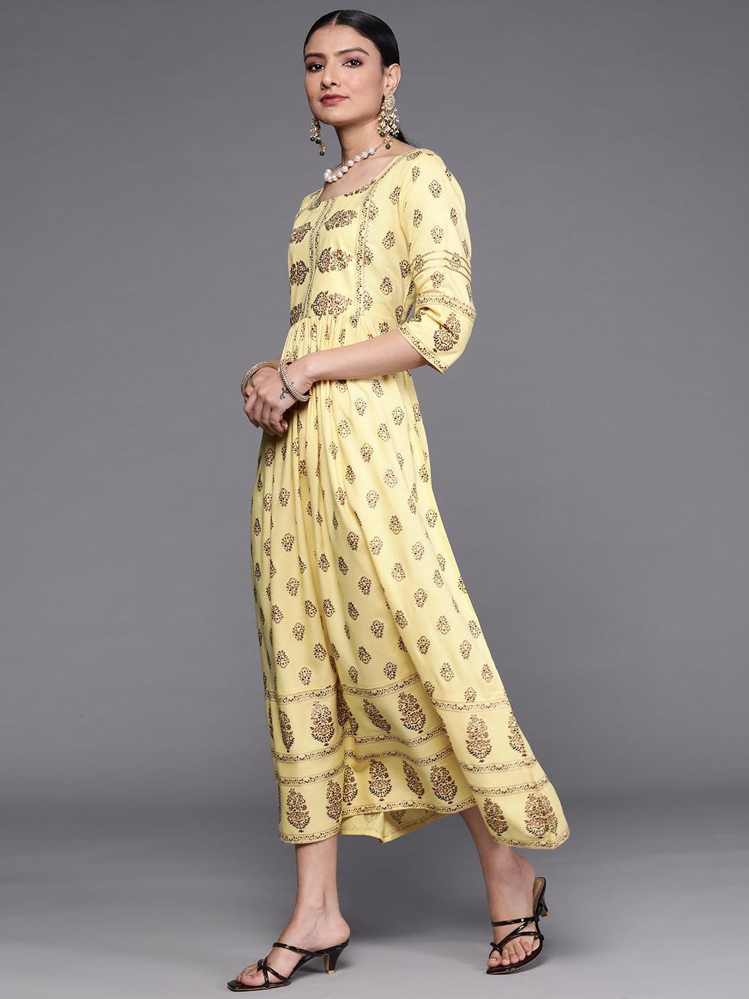 Yellow Printed Viscose Rayon Dress - ShopLibas