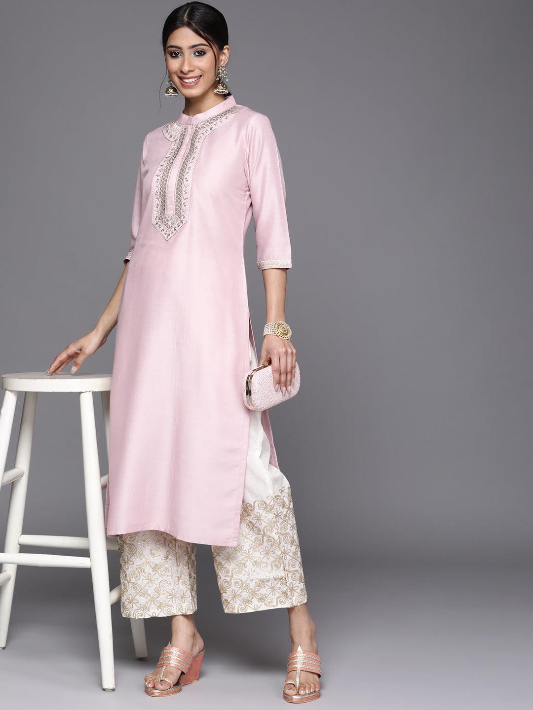 Pink Embroidered Chanderi Silk Kurta - ShopLibas