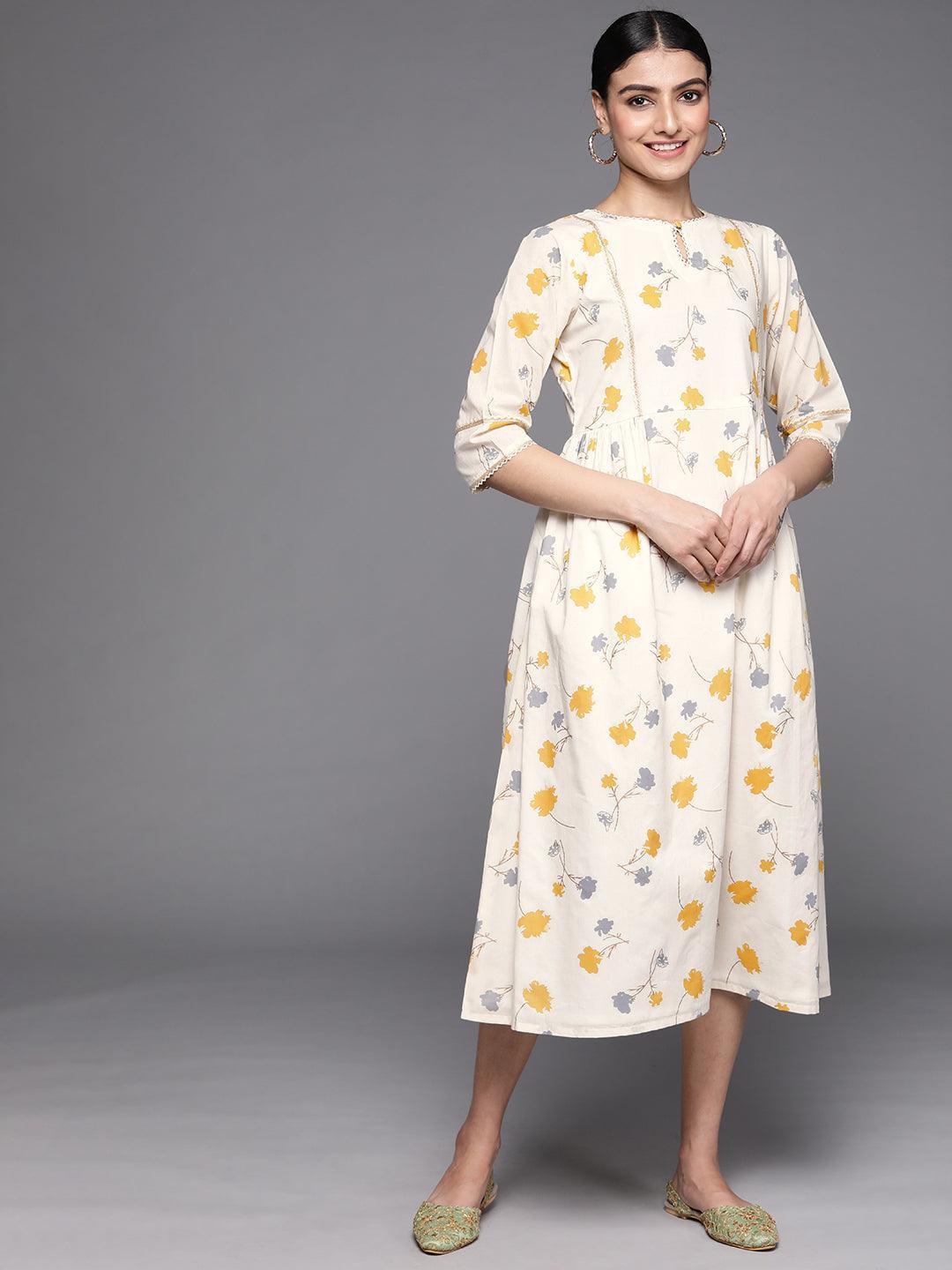 Off White Printed Cotton Dress - ShopLibas