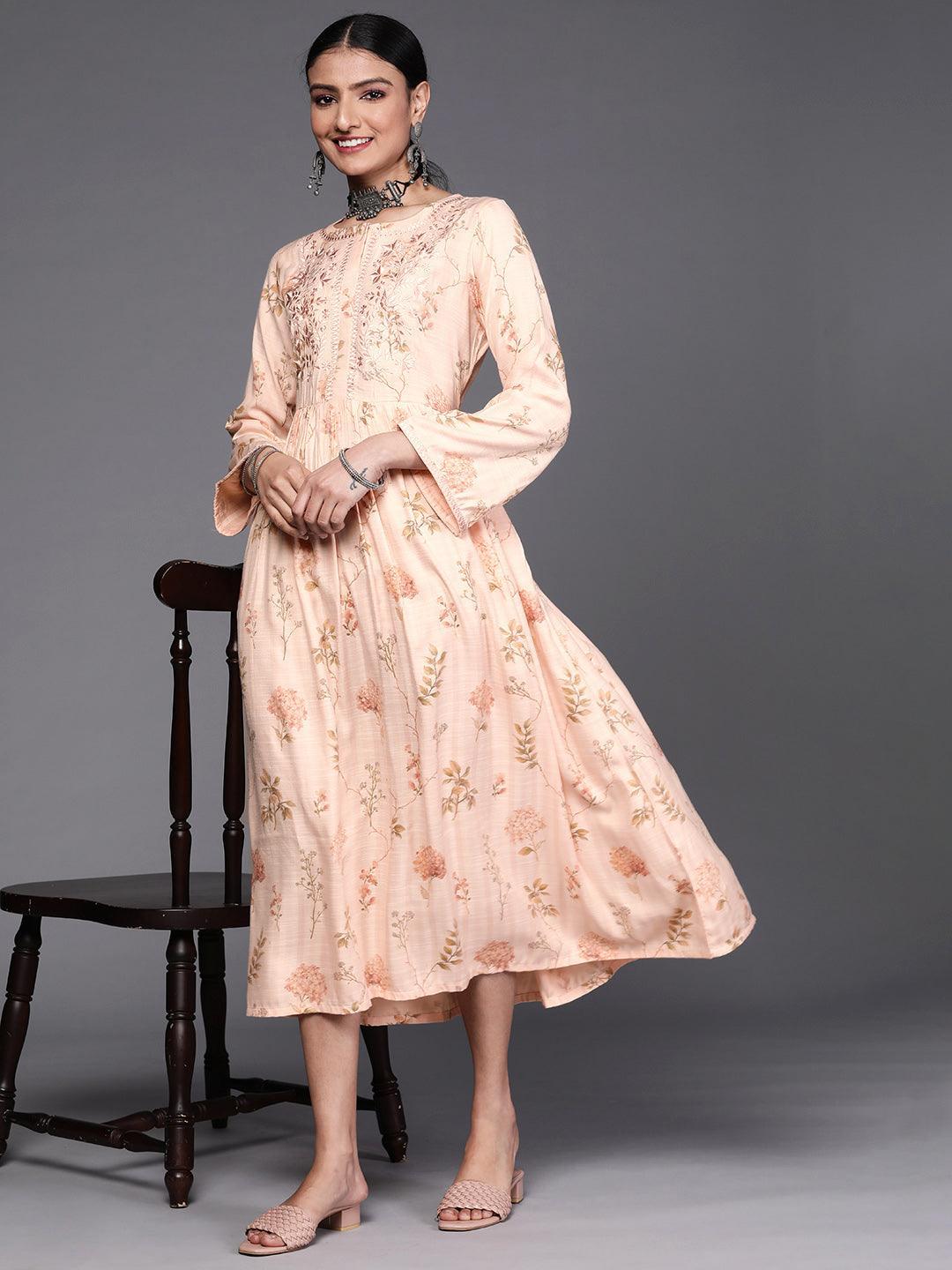 Peach Printed Viscose Rayon Dress - ShopLibas