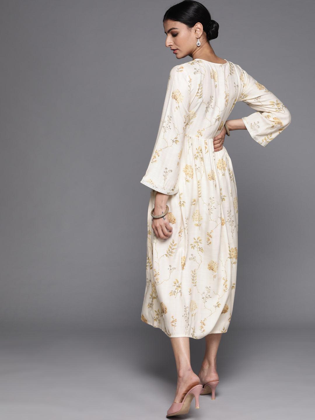Cream Printed Viscose Rayon Dress - ShopLibas