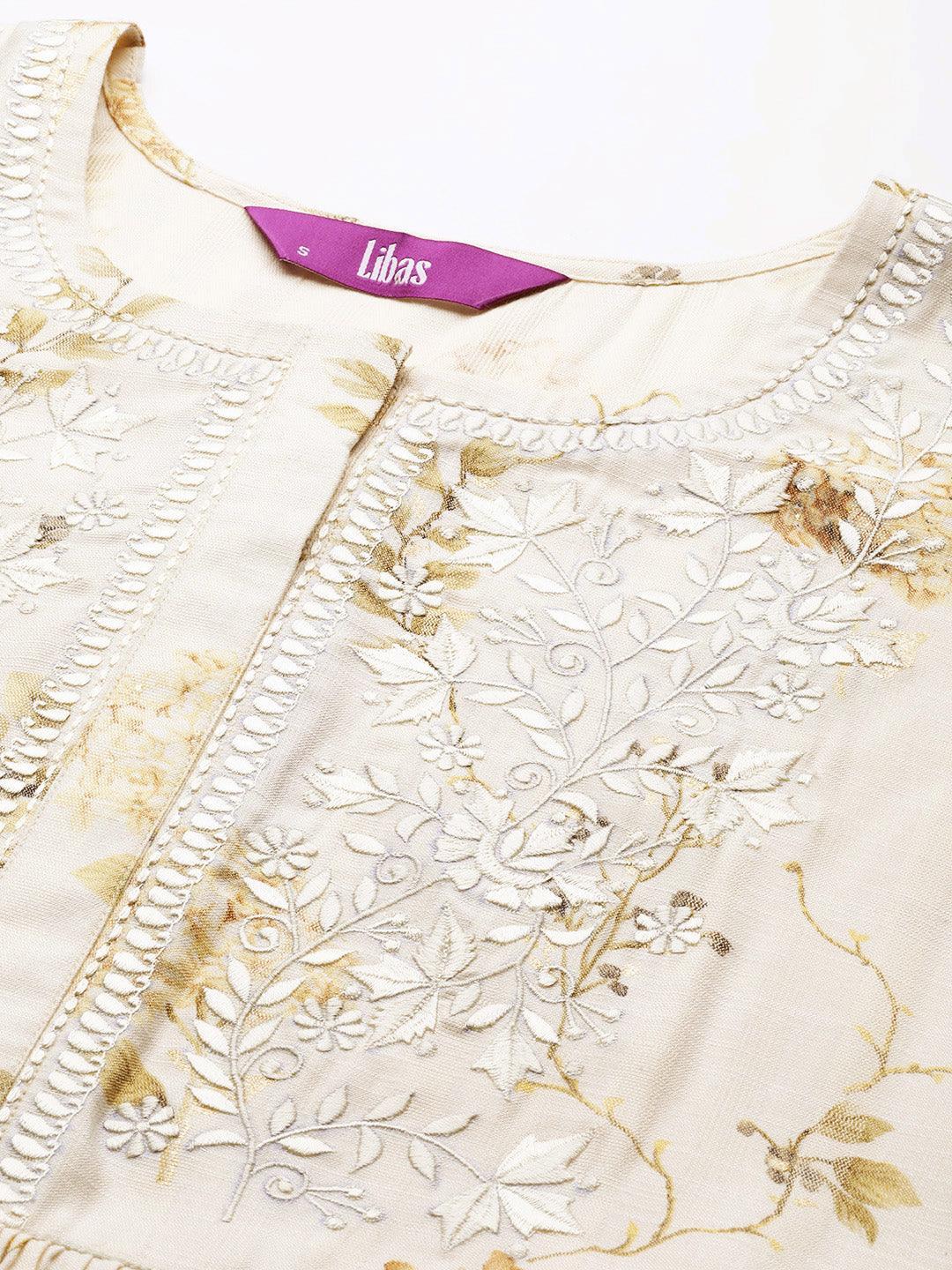 Cream Printed Viscose Rayon Dress - ShopLibas