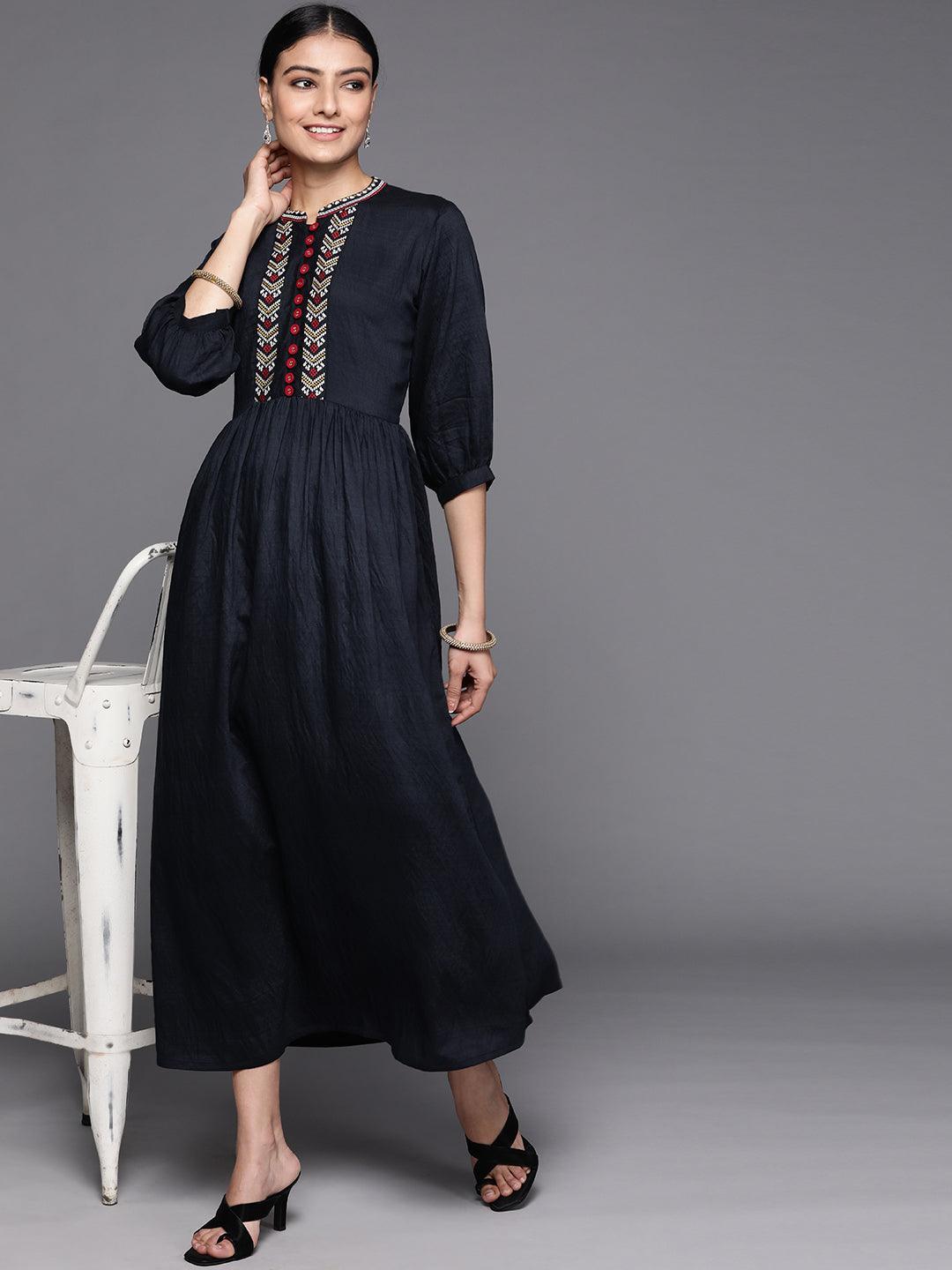 Navy Blue Embroidered Viscose Rayon Dress - ShopLibas