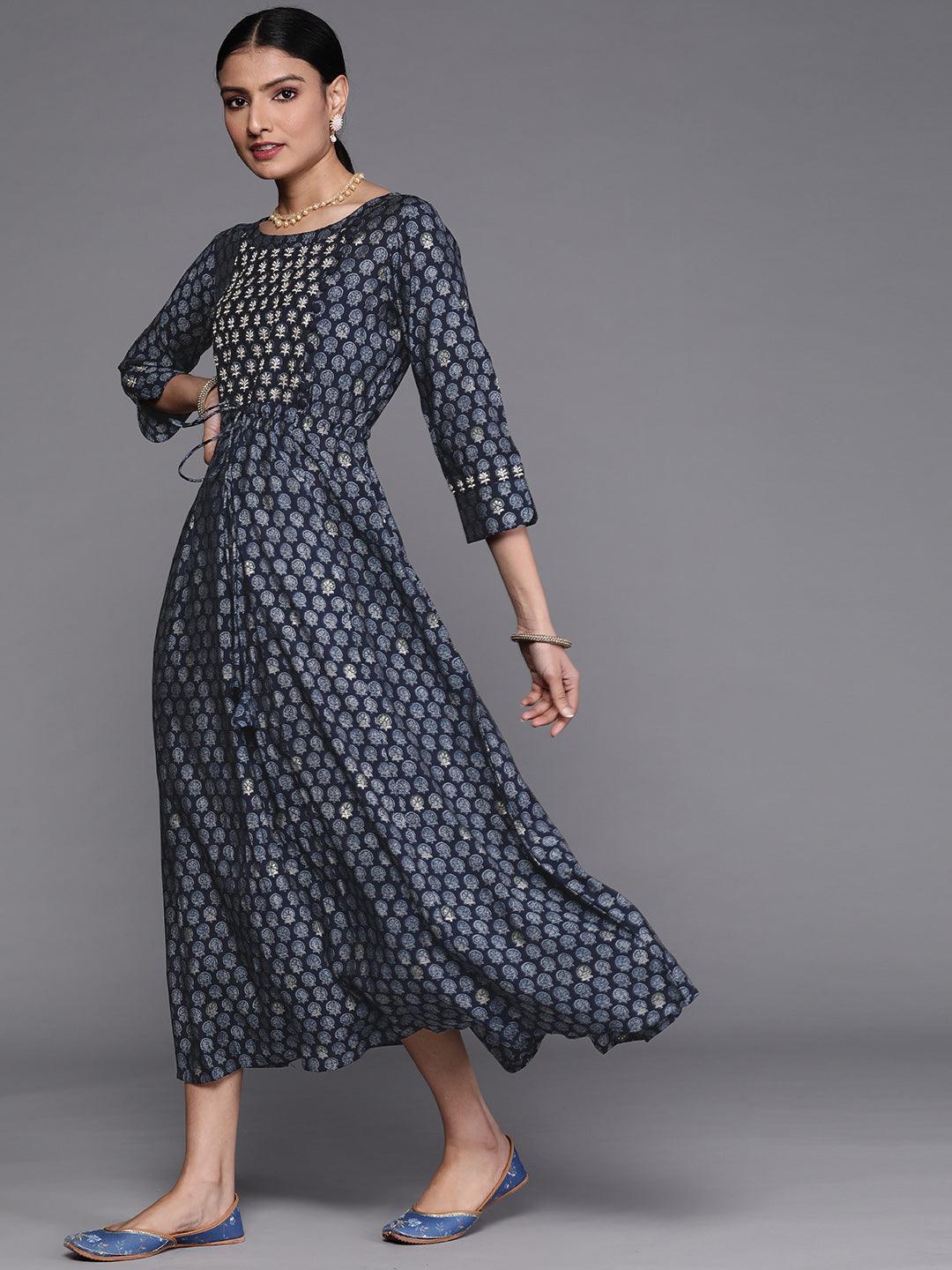 Navy Blue Printed Cotton Dress - ShopLibas