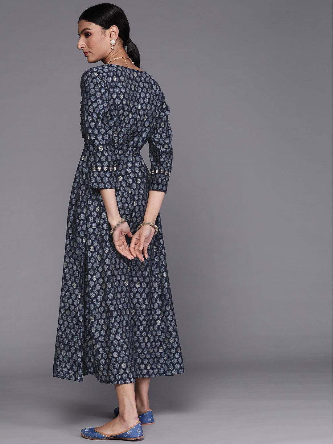 Navy Blue Printed Cotton Dress - ShopLibas