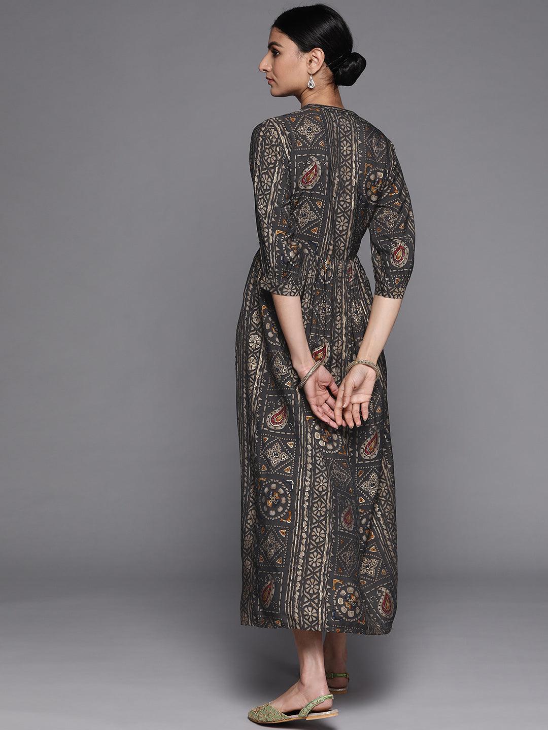 Grey Printed Silk Dress - ShopLibas