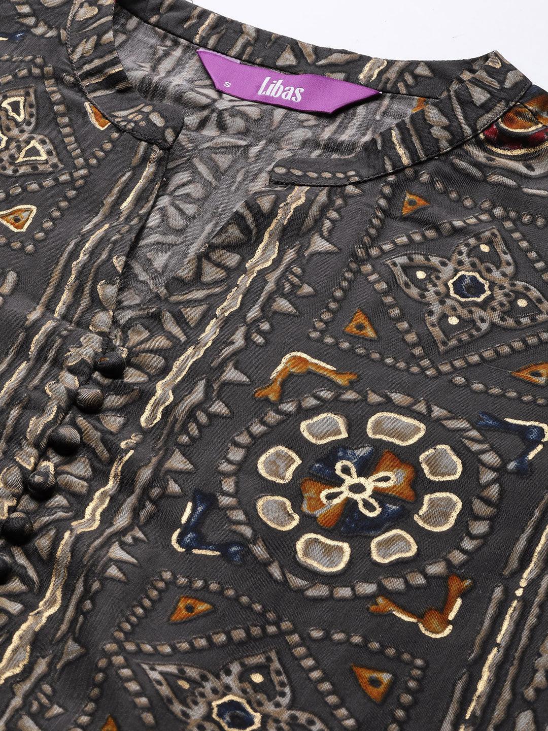 Grey Printed Silk Dress - ShopLibas