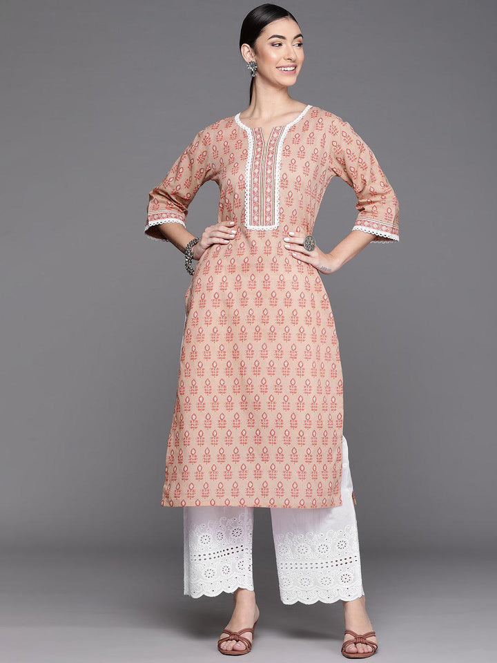 Peach Printed Cotton Kurta