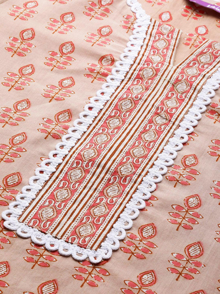 Peach Printed Cotton Kurta