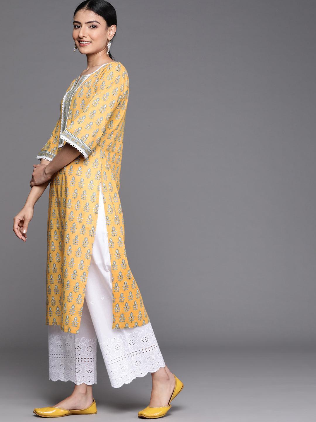 Yellow Printed Cotton Kurta - ShopLibas