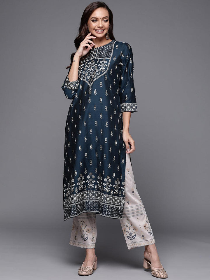 Navy Blue Yoke Design Silk Kurta