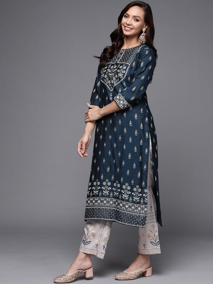 Navy Blue Yoke Design Silk Kurta