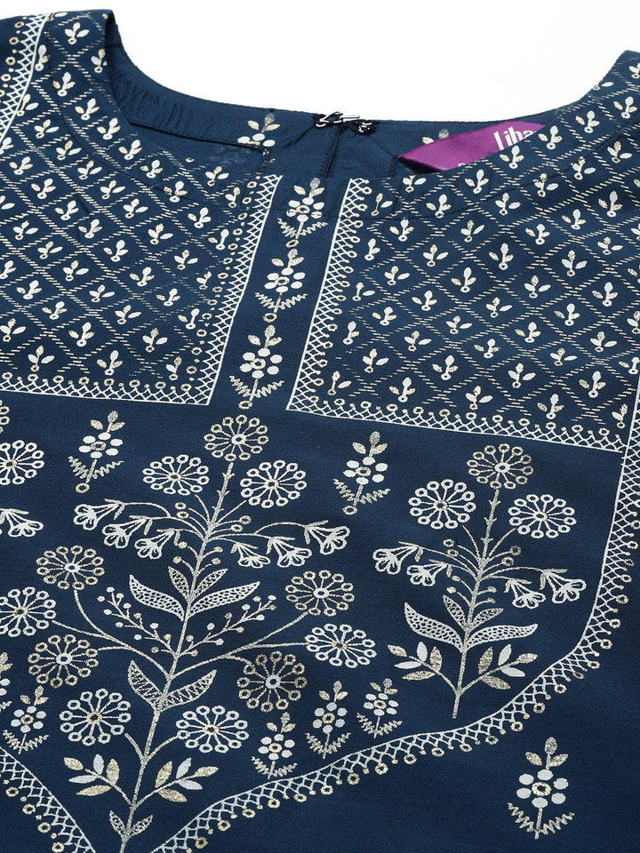 Navy Blue Yoke Design Silk Kurta