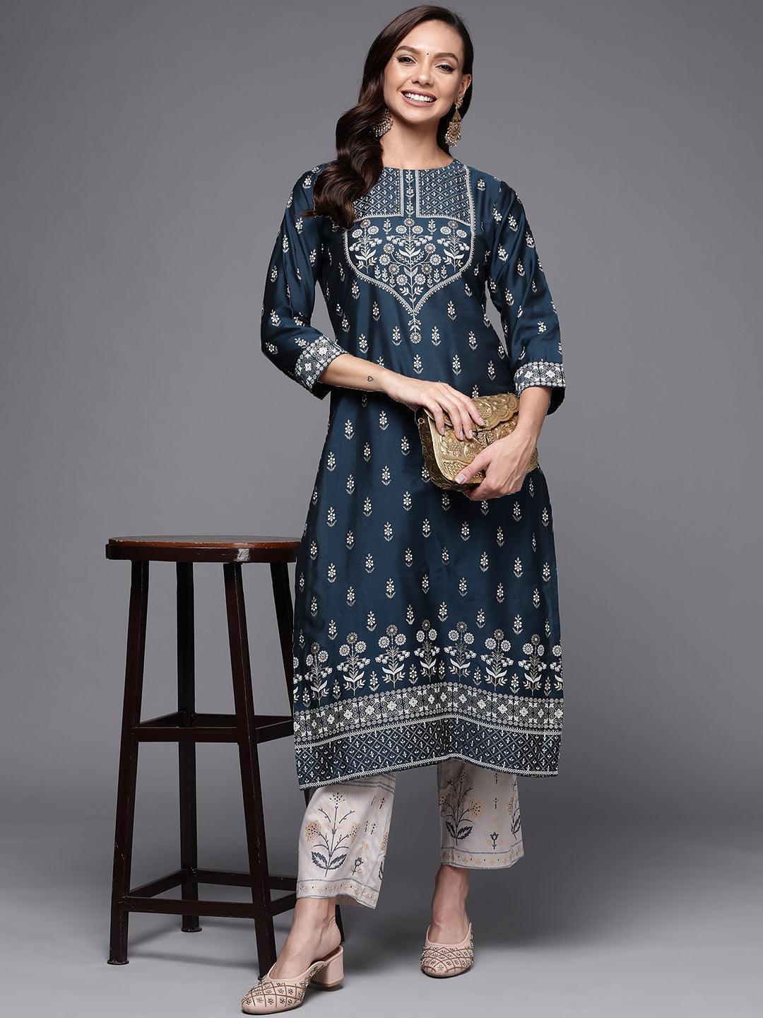 Navy Blue Yoke Design Silk Kurta - ShopLibas