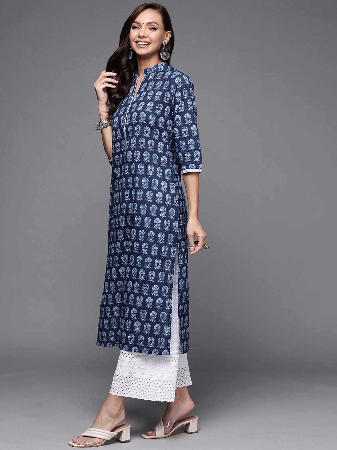 Navy Blue Printed Cotton Straight Kurta - ShopLibas