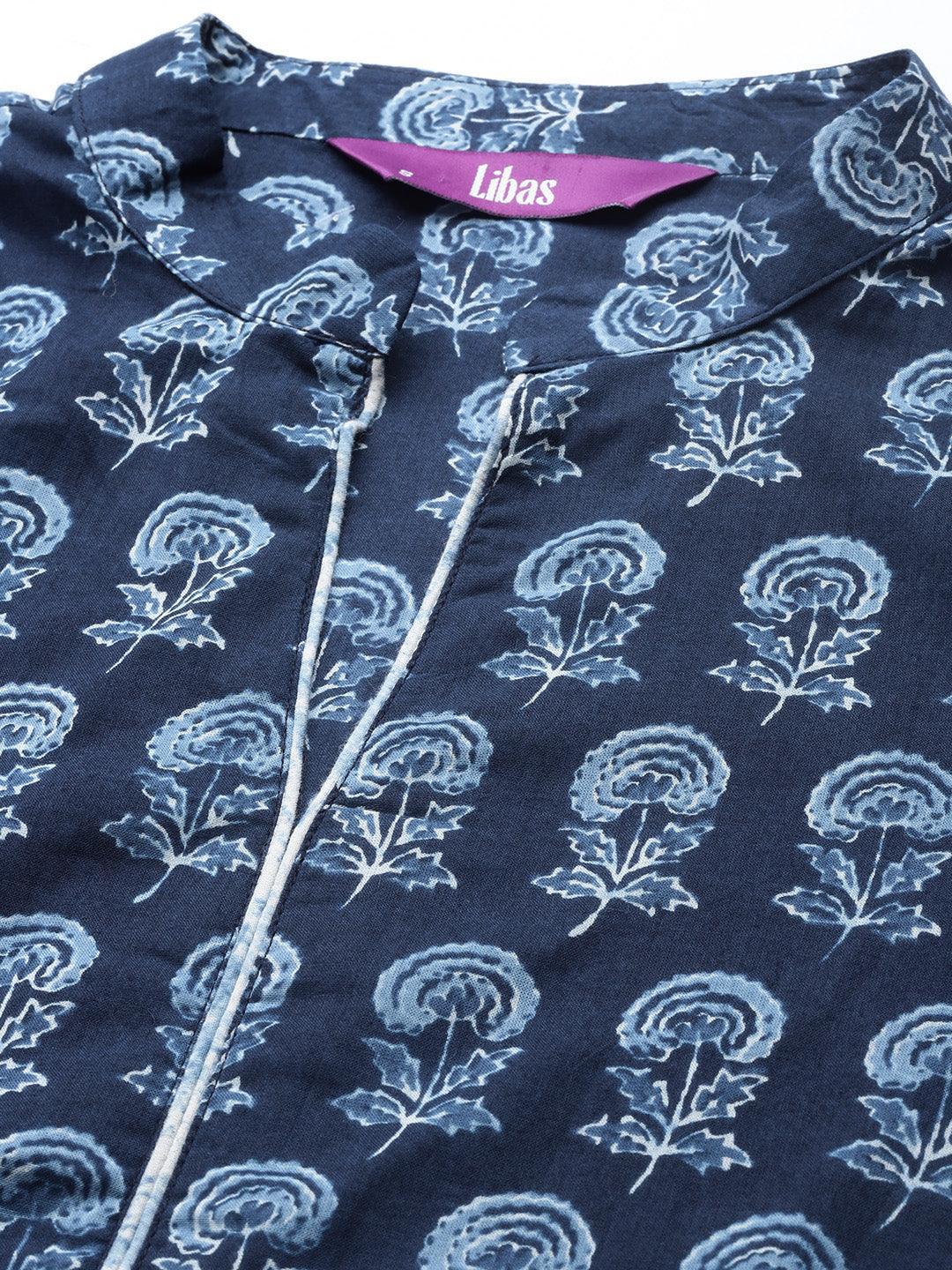 Navy Blue Printed Cotton Straight Kurta - ShopLibas