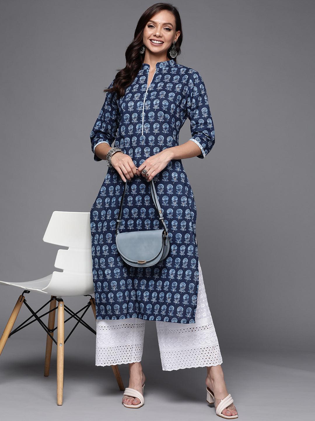 Navy Blue Printed Cotton Straight Kurta - ShopLibas
