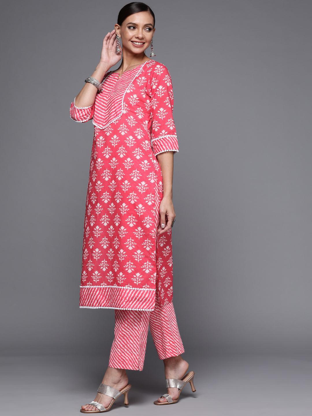 Pink Printed Cotton Straight Kurta - ShopLibas