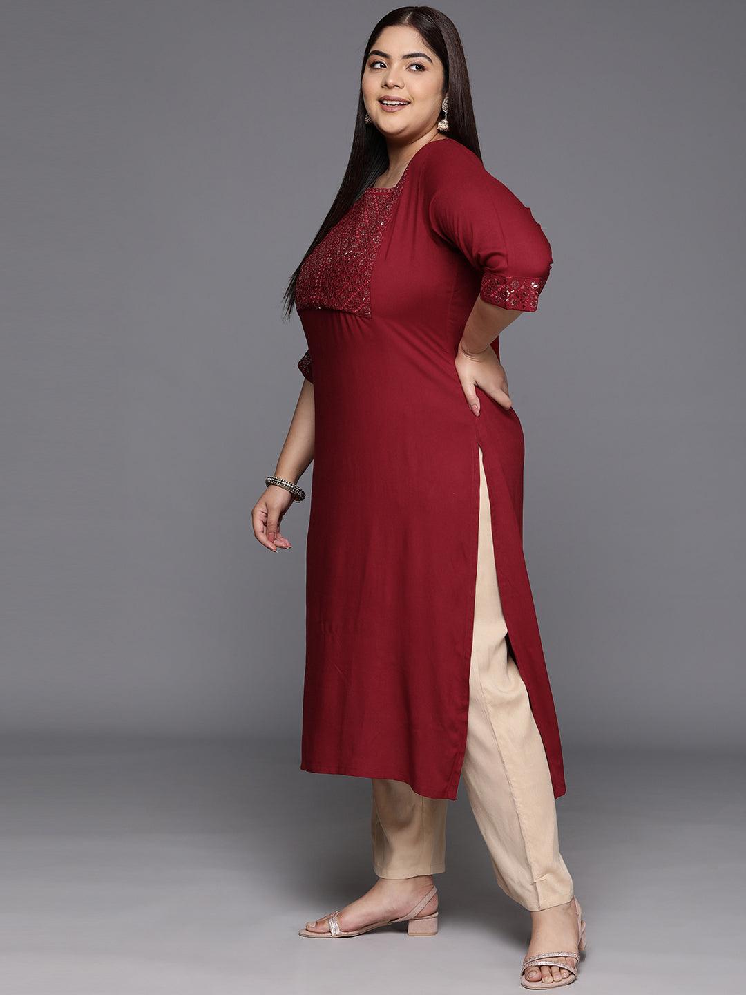 Pus Size Maroon Yoke Design Rayon Straight Kurta - ShopLibas