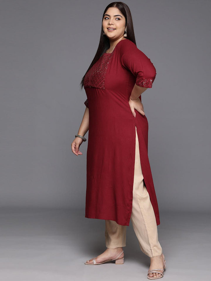 Plus Size Maroon Yoke Design Rayon Straight Kurta