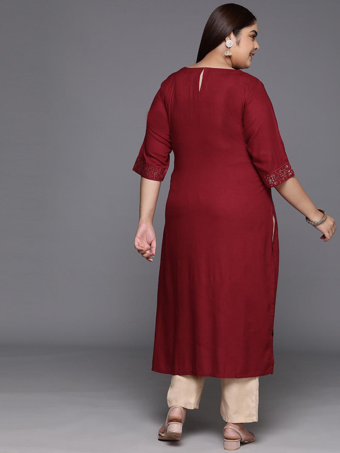 Pus Size Maroon Yoke Design Rayon Straight Kurta - ShopLibas