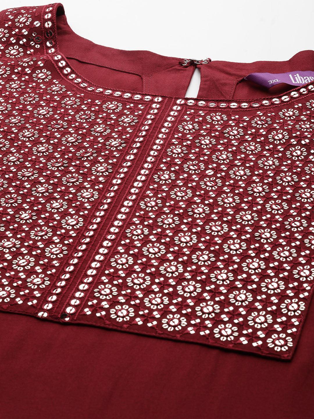 Pus Size Maroon Yoke Design Rayon Straight Kurta - ShopLibas