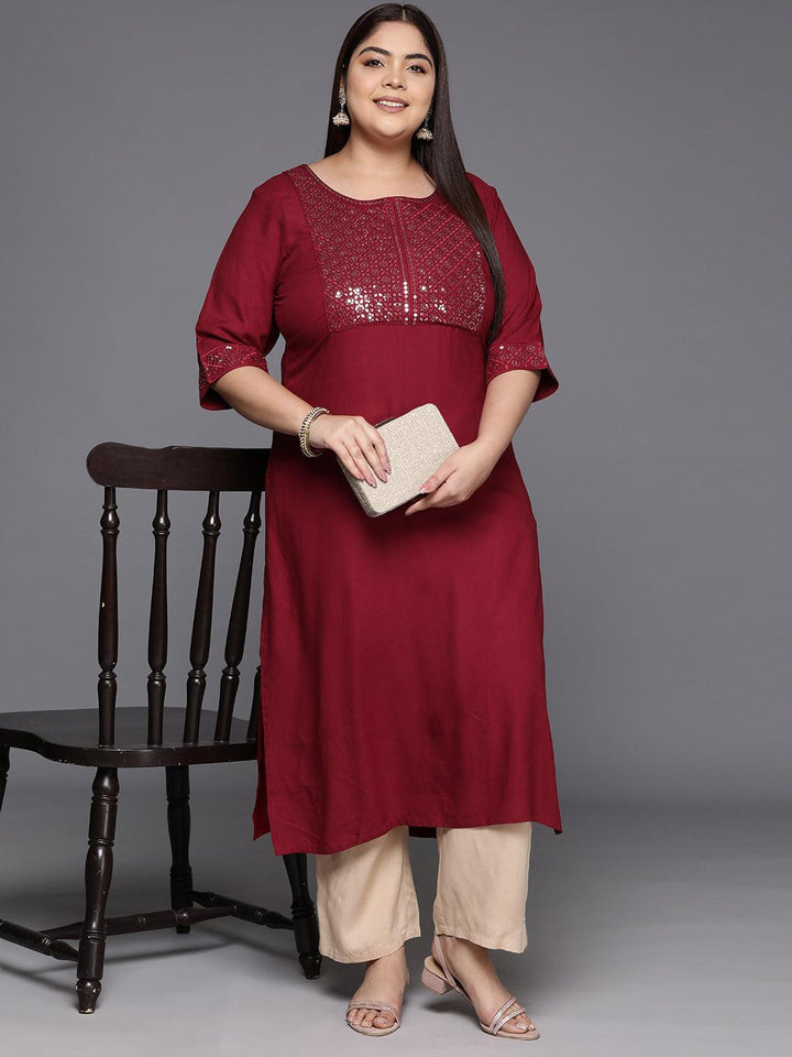Plus Size Maroon Yoke Design Rayon Straight Kurta