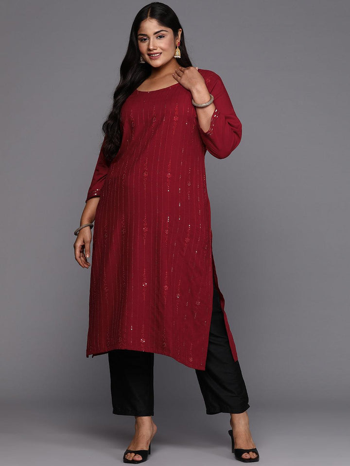 Maroon Embroidered Rayon Straight Kurta