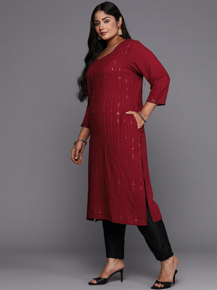 Maroon Embroidered Rayon Straight Kurta