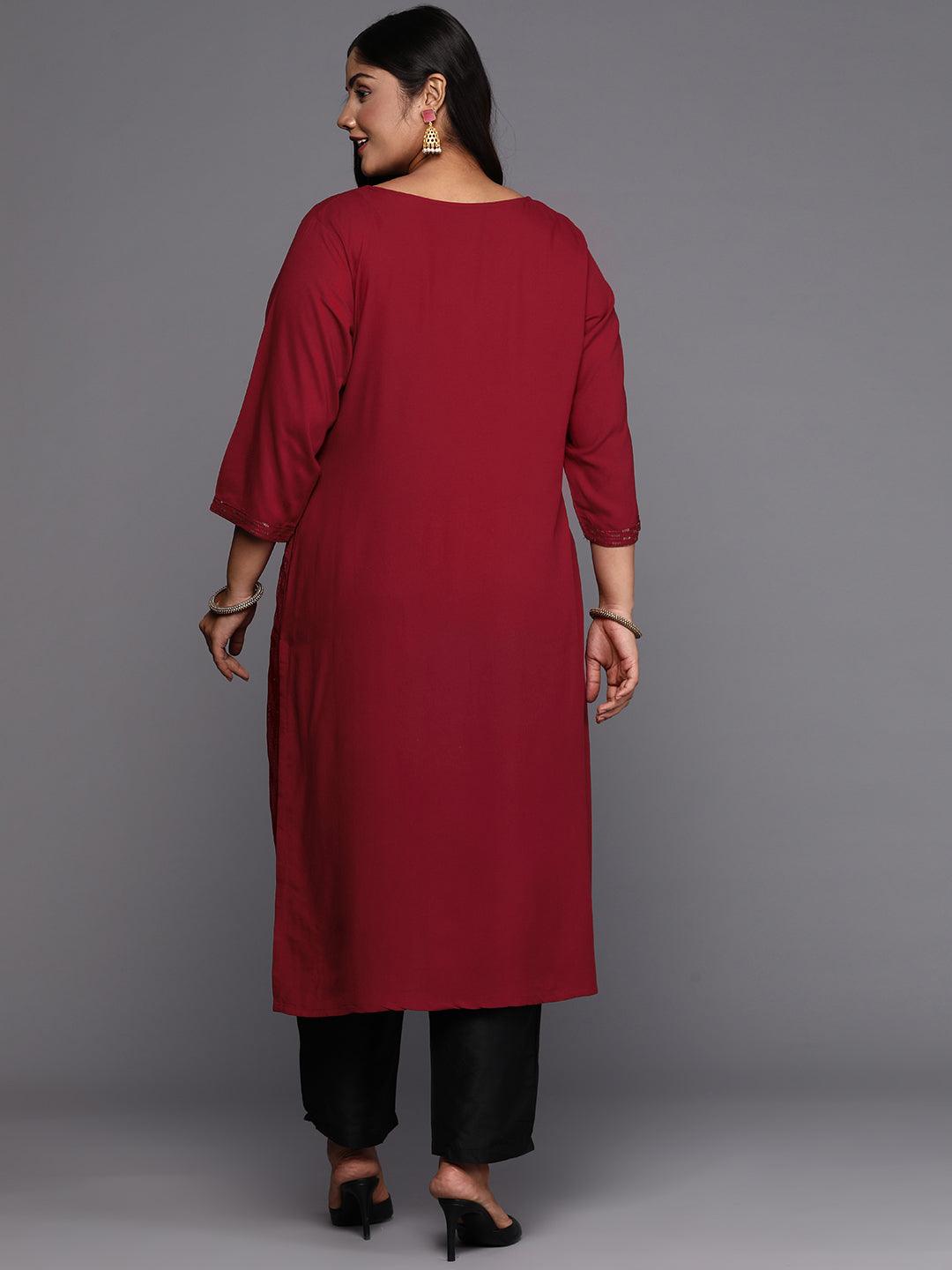 Maroon Embroidered Rayon Straight Kurta - ShopLibas