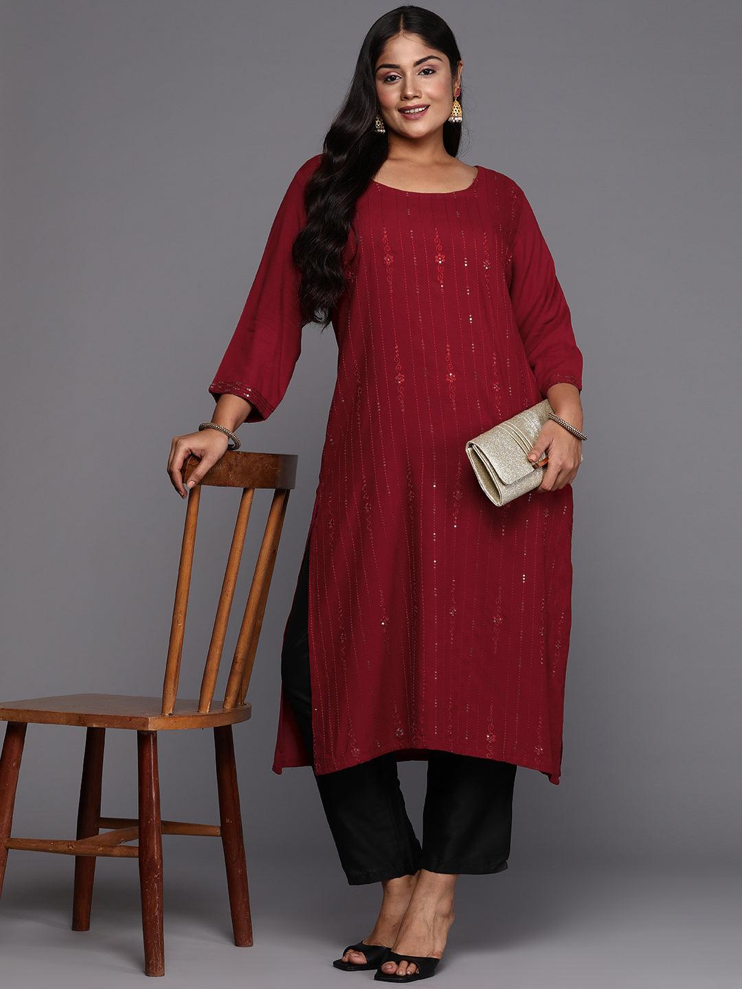 Maroon Embroidered Rayon Straight Kurta - ShopLibas