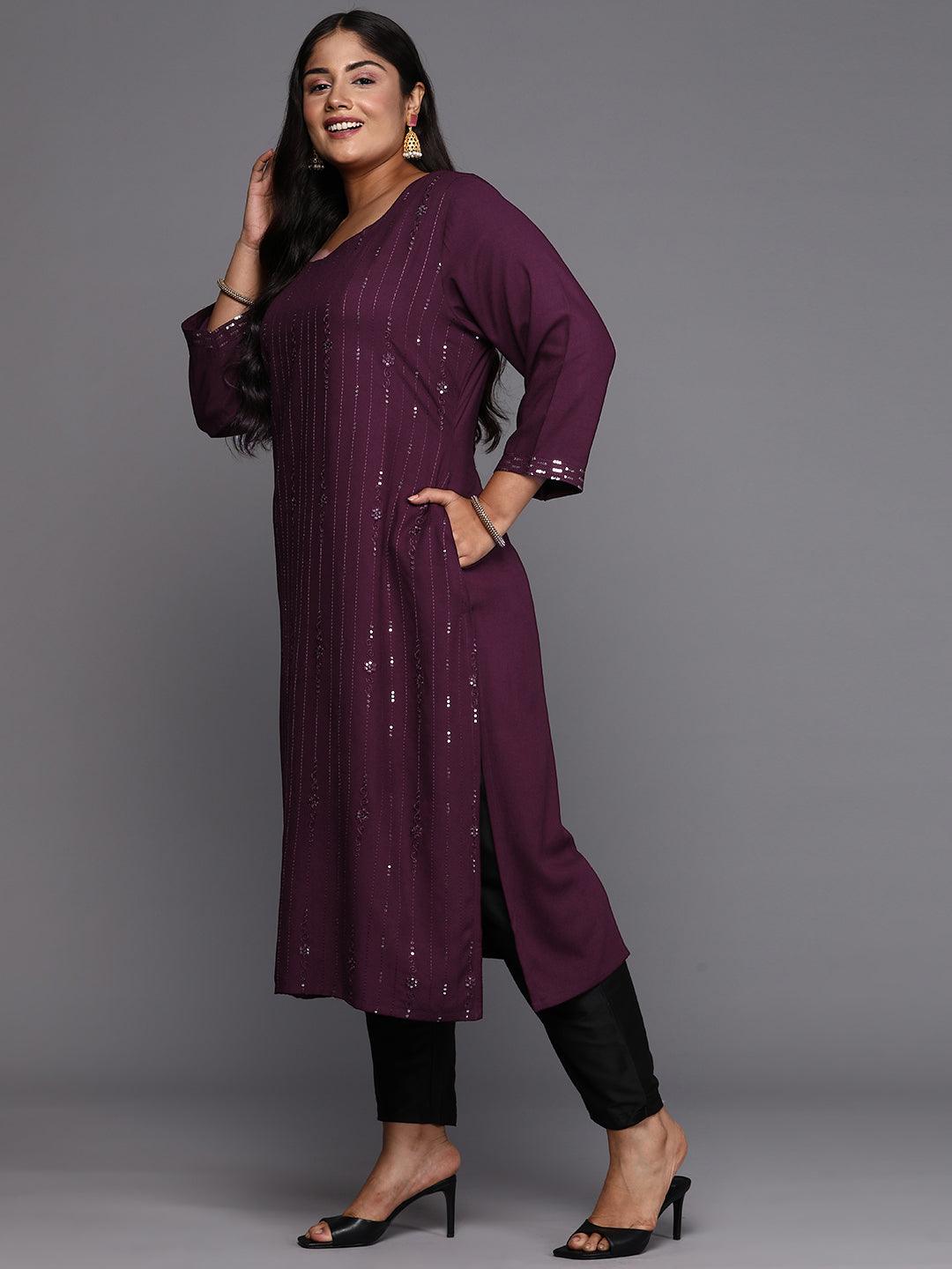 Wine Embroidered Rayon Straight Kurta - ShopLibas