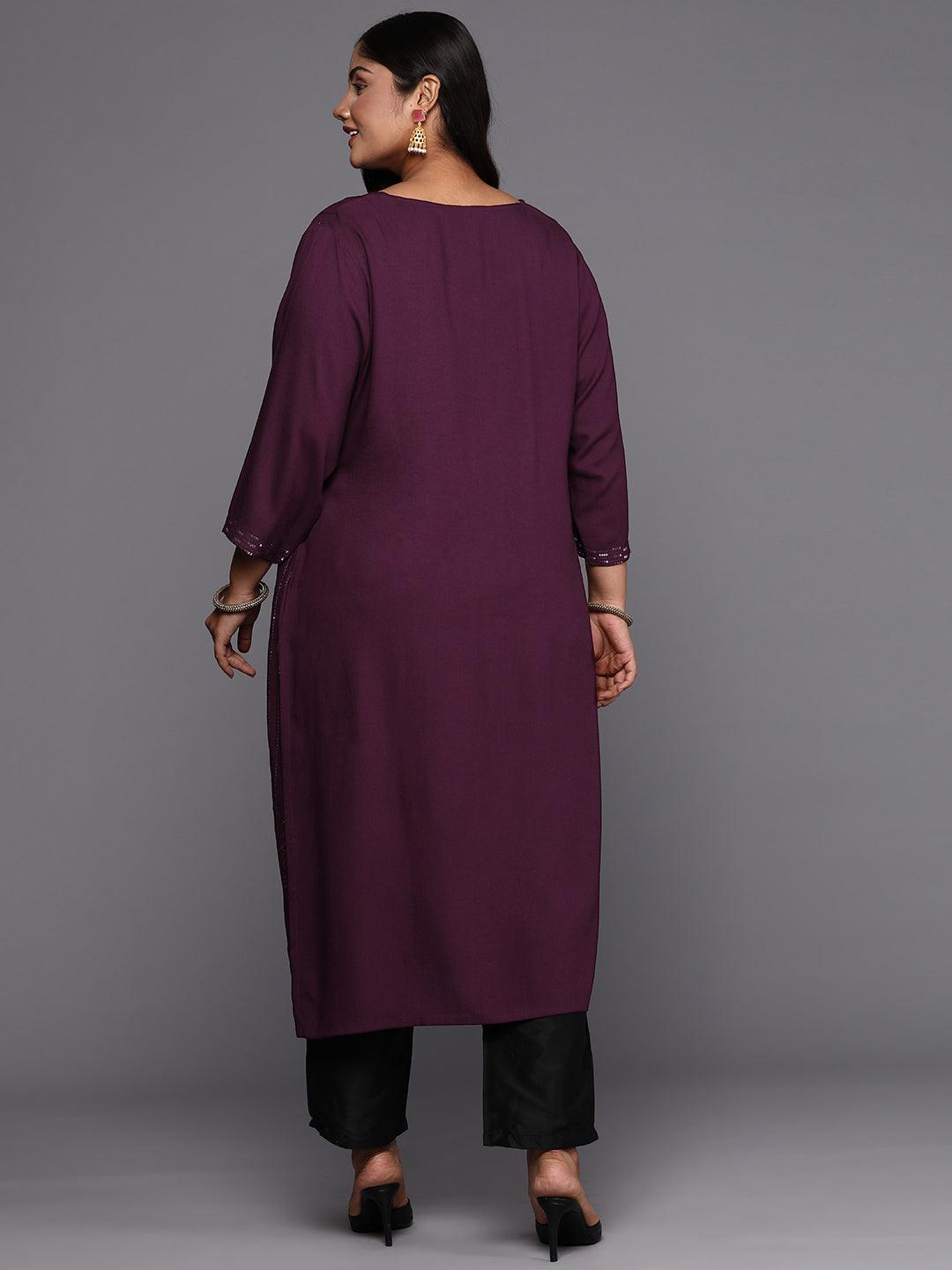Wine Embroidered Rayon Straight Kurta - ShopLibas