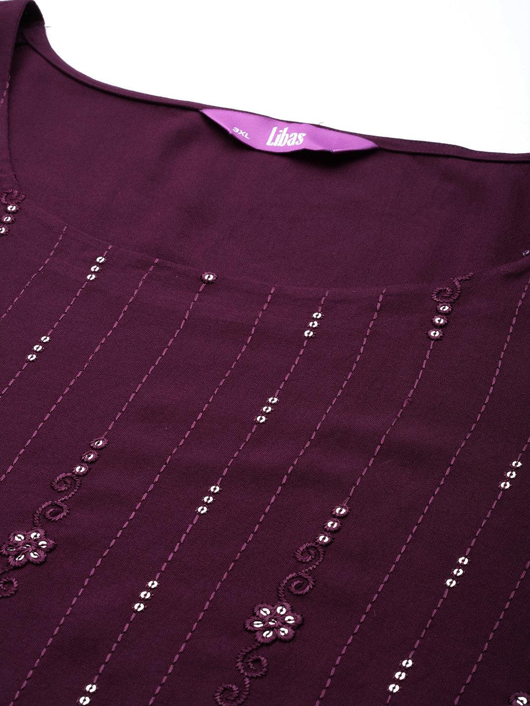 Wine Embroidered Rayon Straight Kurta - ShopLibas