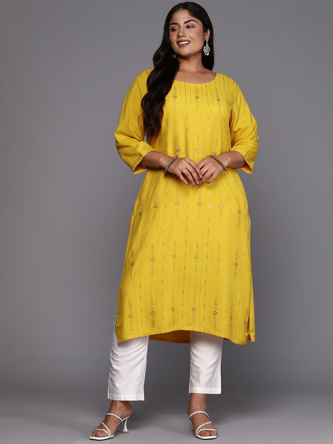 Mustard Embroidered Rayon Straight Kurta - ShopLibas