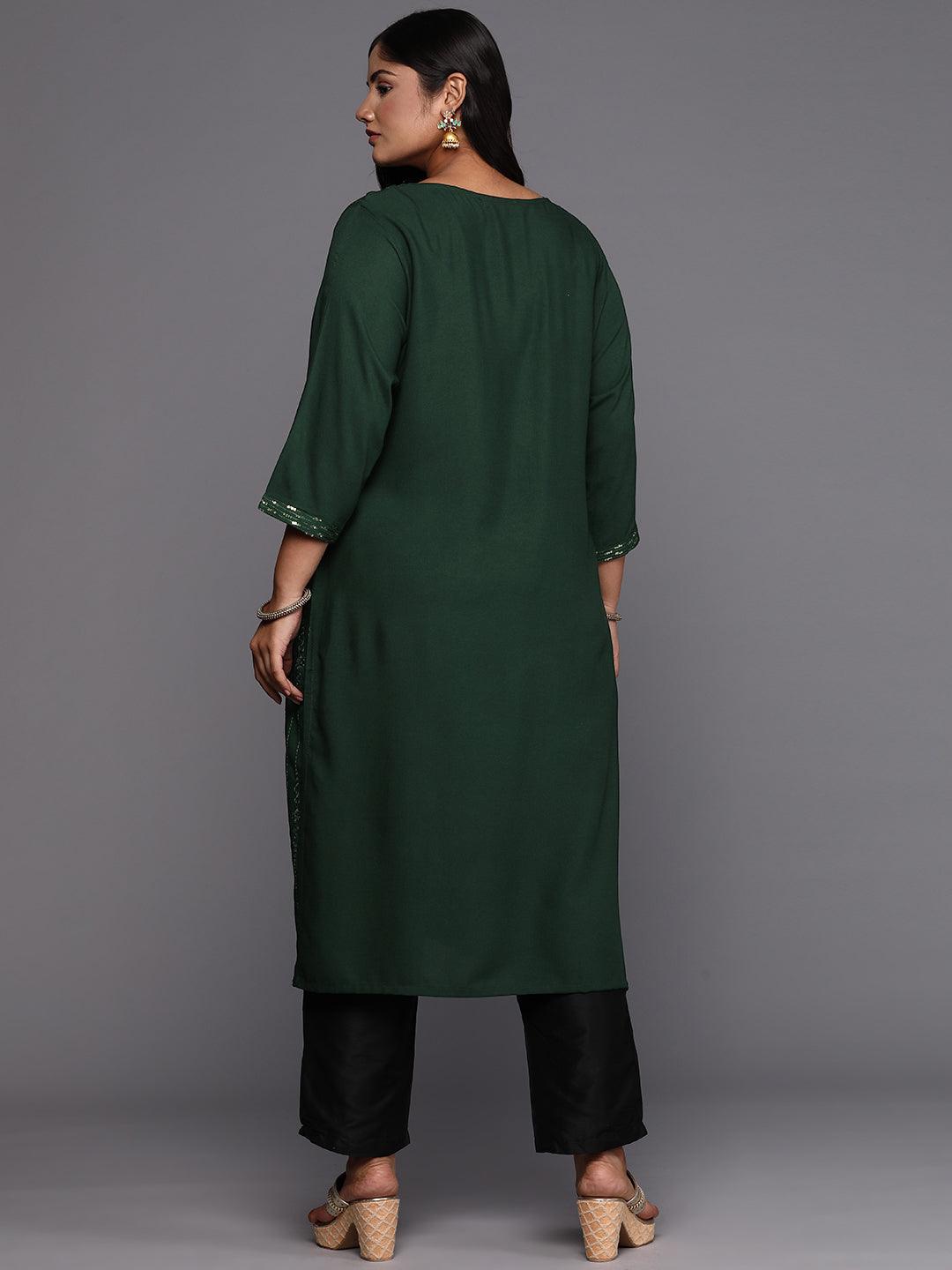 Green Embroidered Rayon Straight Kurta - ShopLibas
