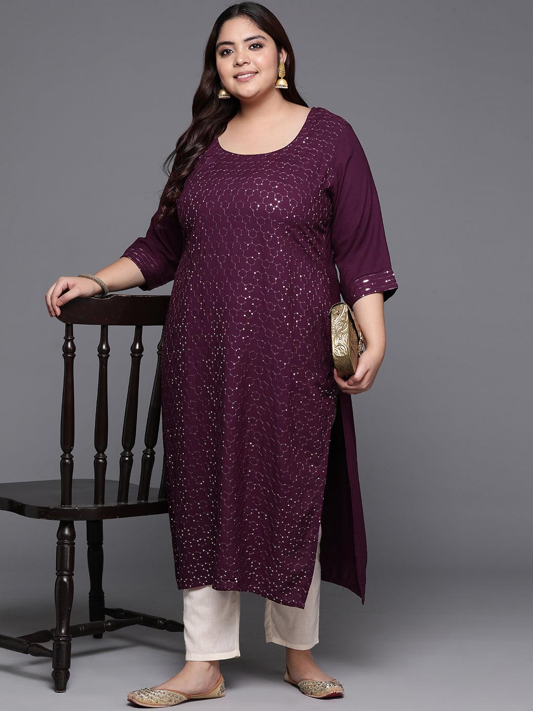 Plus Size Wine Embellished Rayon Straight Kurta - ShopLibas