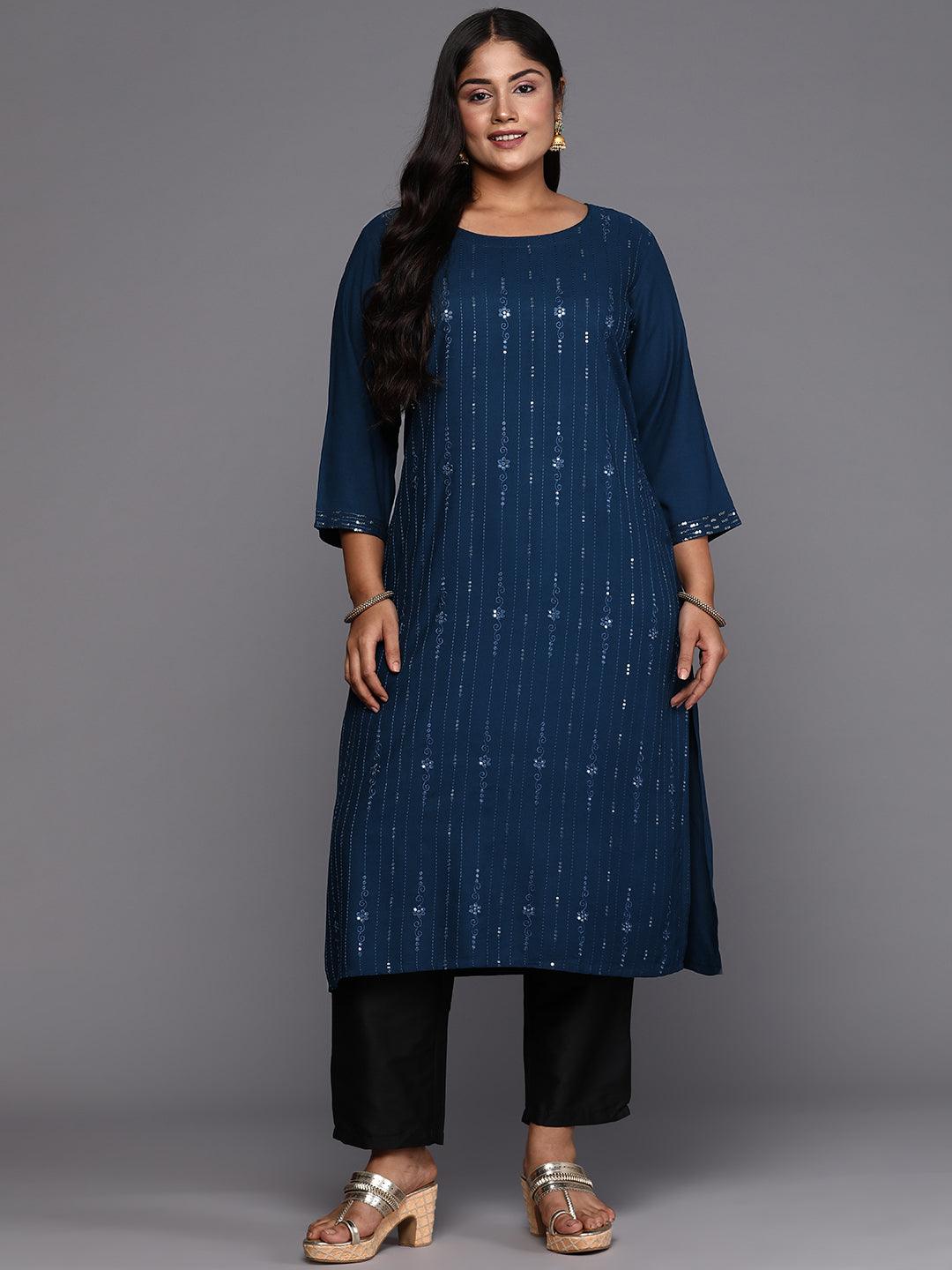 Blue Embroidered Rayon Straight Kurta - ShopLibas