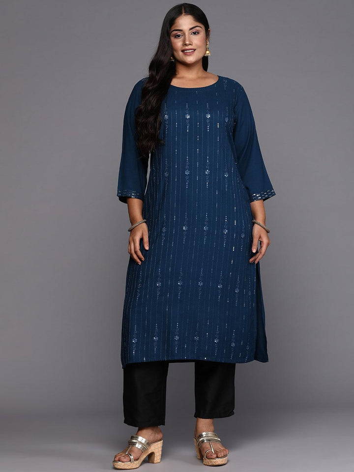 Blue Embroidered Rayon Straight Kurta