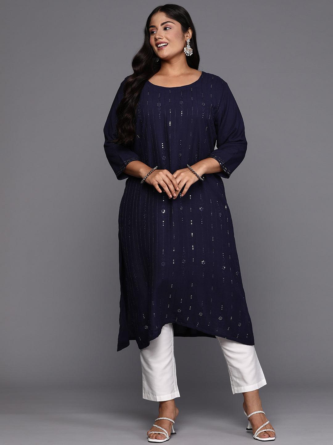 Blue Embroidered Rayon Straight Kurta - ShopLibas