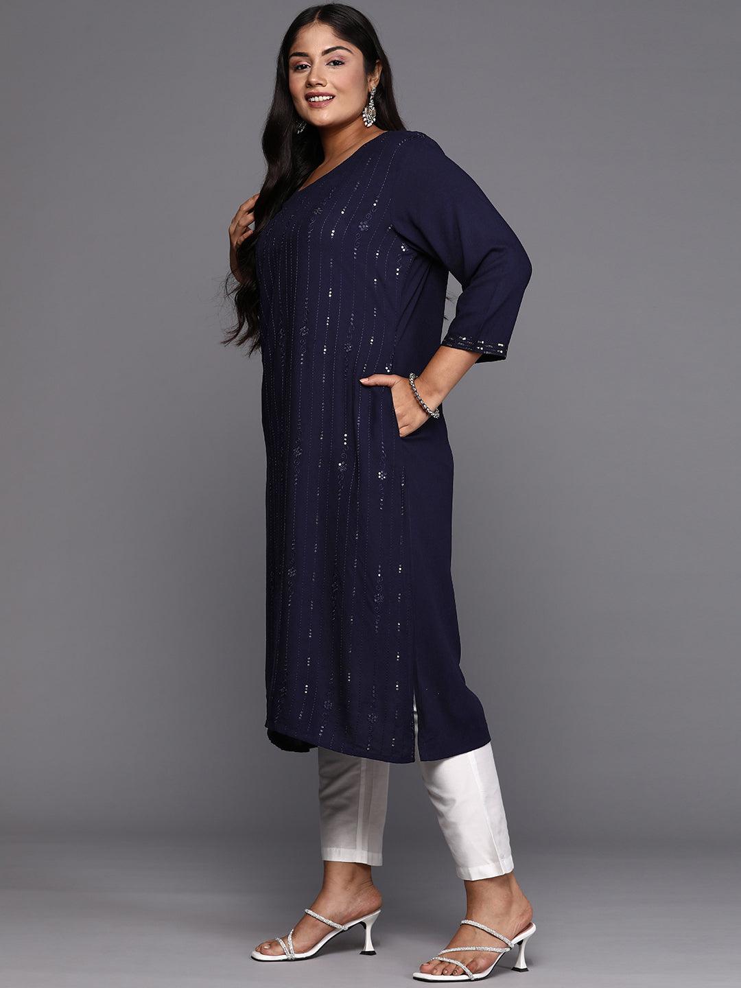 Blue Embroidered Rayon Straight Kurta - ShopLibas