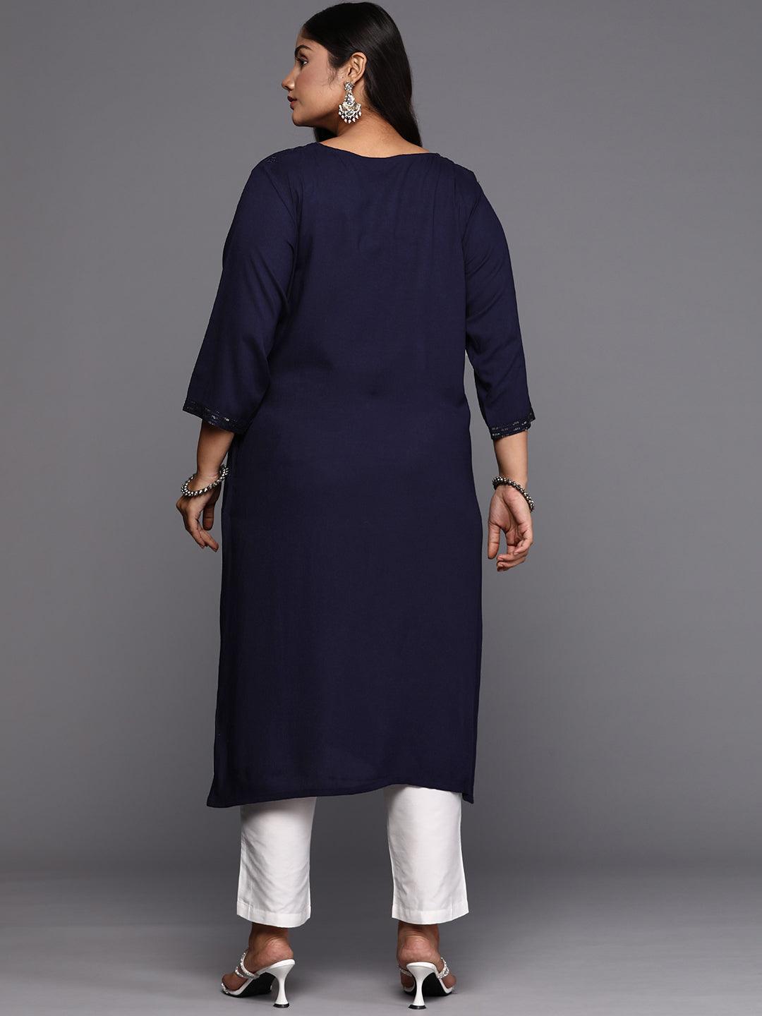 Blue Embroidered Rayon Straight Kurta - ShopLibas