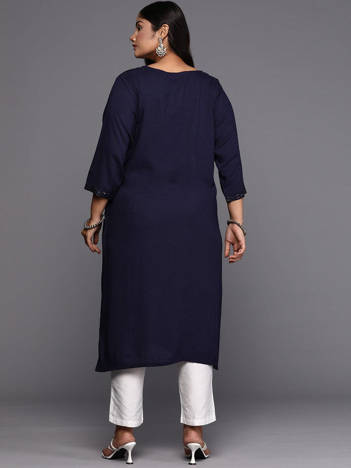 Blue Embroidered Rayon Straight Kurta