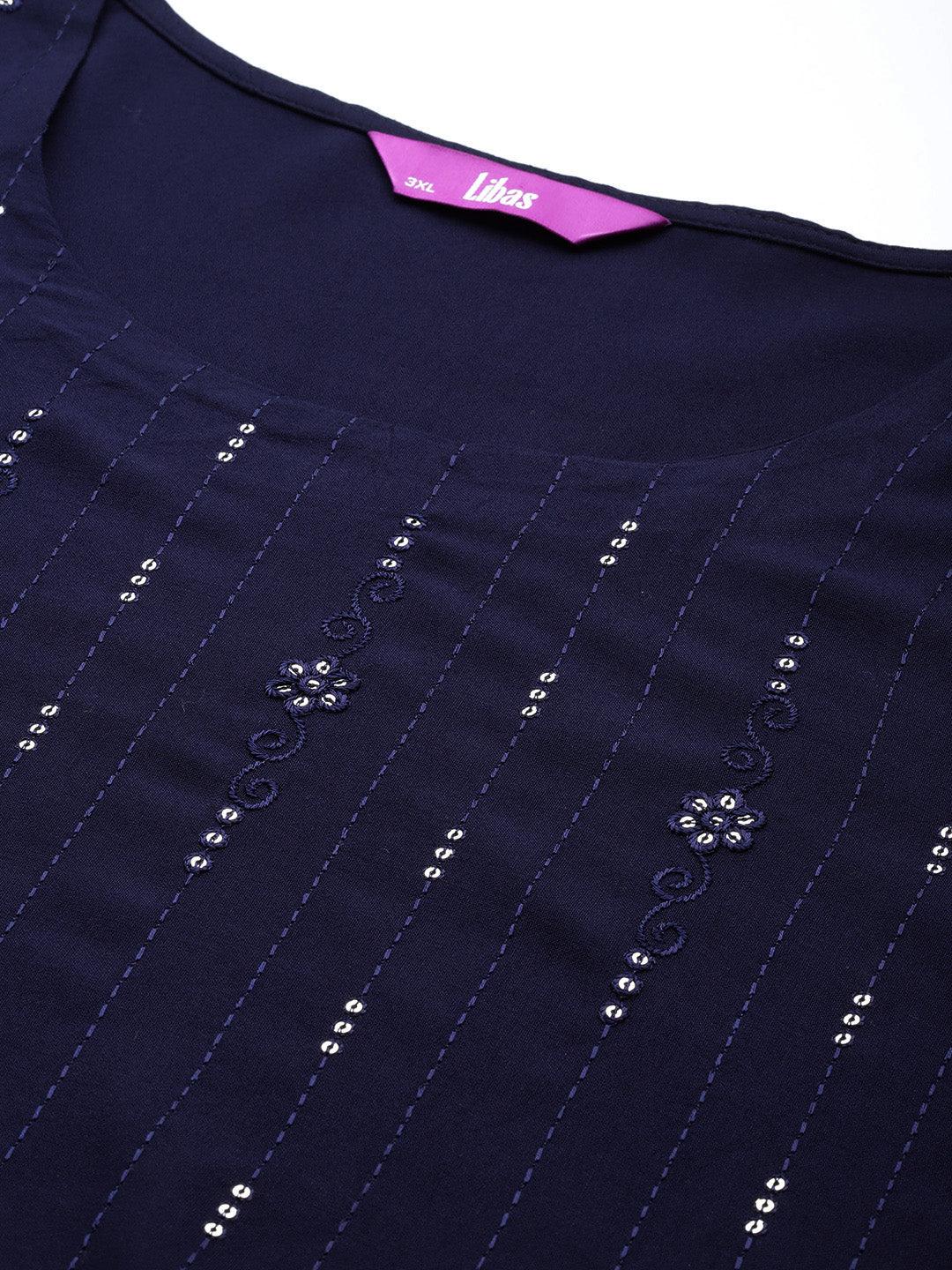 Blue Embroidered Rayon Straight Kurta - ShopLibas