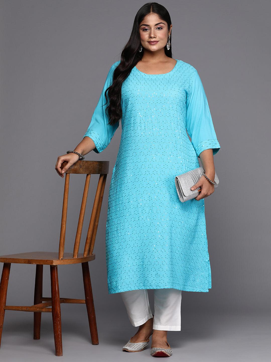 Blue Embroidered Rayon Straight Kurta - ShopLibas