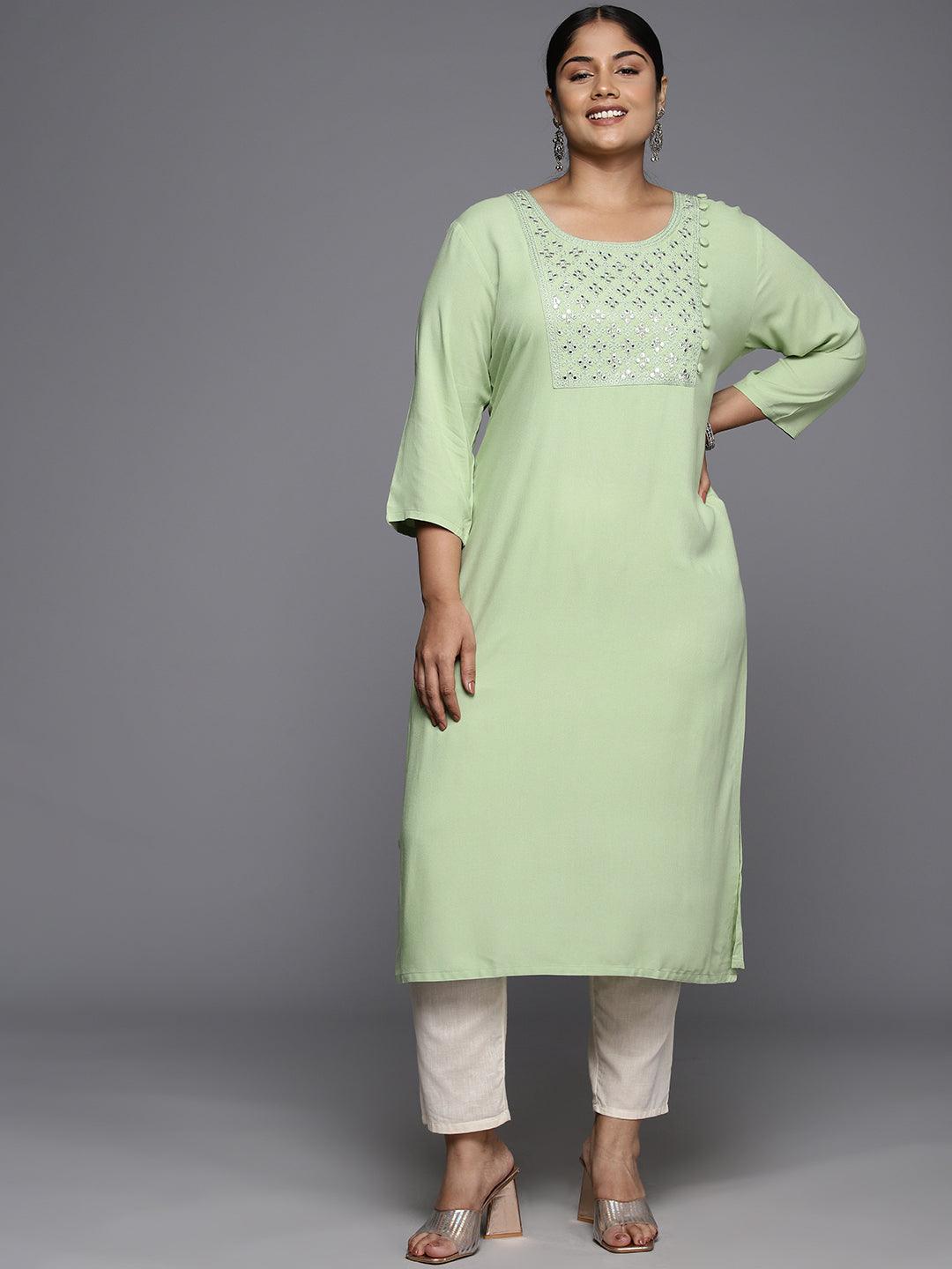 Plus Size Green Rayon Yoke Design Straight Kurta - ShopLibas