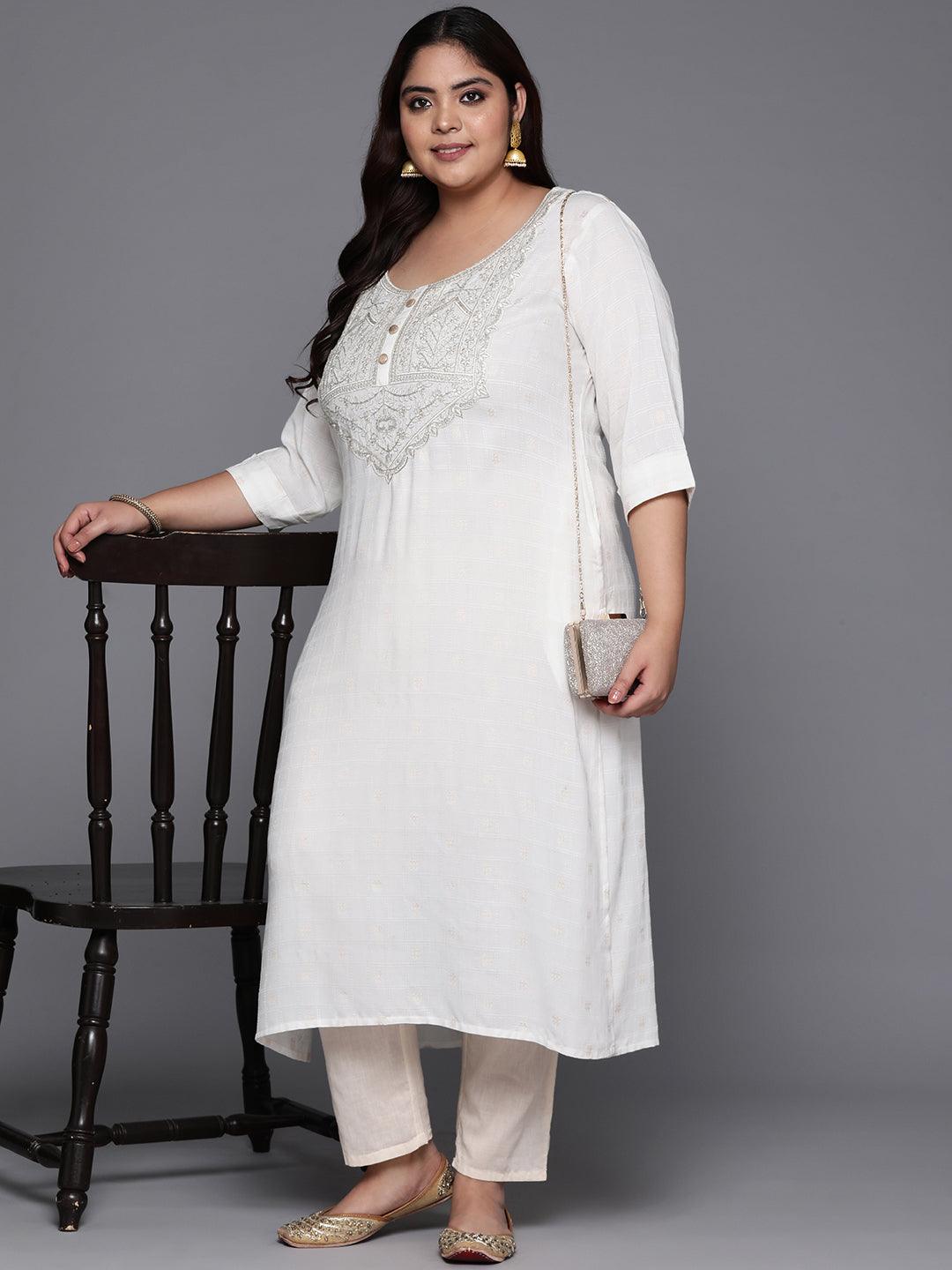 Plus Size White Printed Rayon Straight Kurta - ShopLibas
