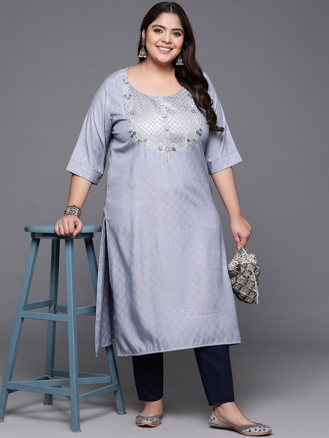 Plus Size Grey Printed Rayon Straight Kurta - ShopLibas